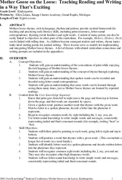 Mother Goose on the Loose: Teaching Reading and Writing in a Way That's Exciting Unit Plan