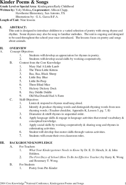 Kinder Poems & Songs Unit Plan