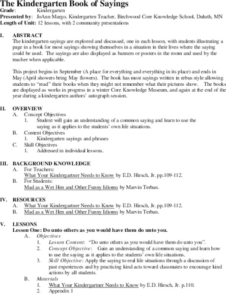 The Kindergarten Book of Sayings Unit Plan