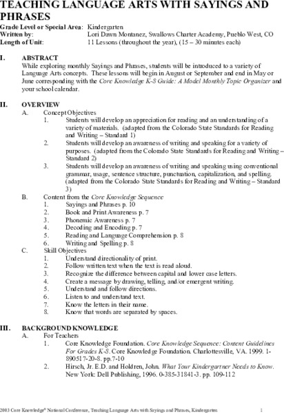 Teaching Language Arts with Sayings and Phrases Unit Plan