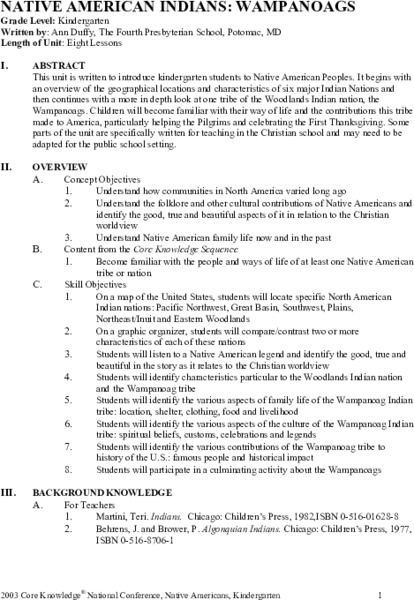 Native American Indians: Wampanoags Unit Plan