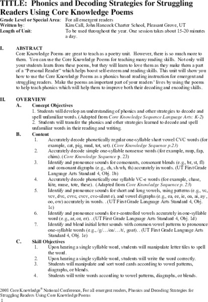 Phonics and Decoding Strategies for Struggling Readers Using Core Knowledge Poem Unit Plan