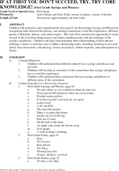 If At First You don't Succeed Try, Try Core Knowledge! Unit Plan