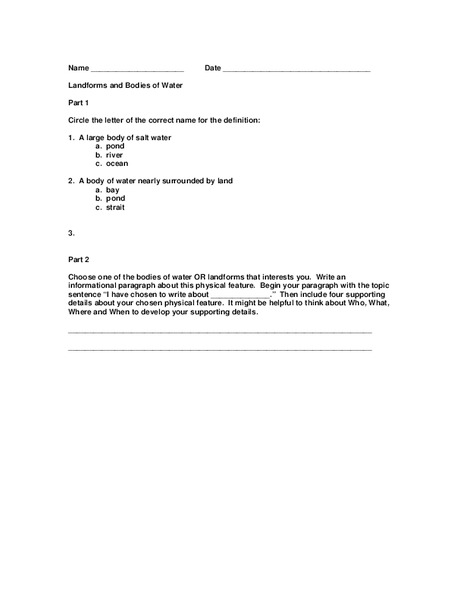 Landforms and Bodies of Water Worksheet