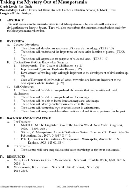 Taking the Mystery Out of Mesopotamia Unit Plan