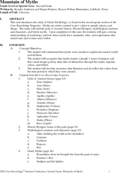 Mountain of Myths Unit Plan