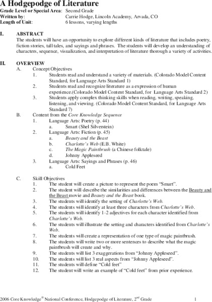 A Hodgepodge of Literature Unit Plan