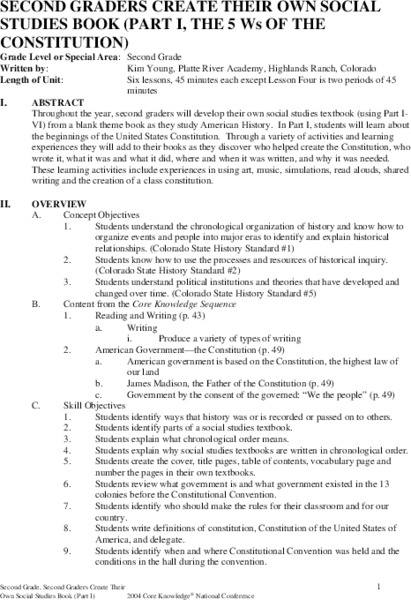 Second Graders Create Their Own Social Studies Book (Part I, The 5Ws of the Constitution) Unit Plan