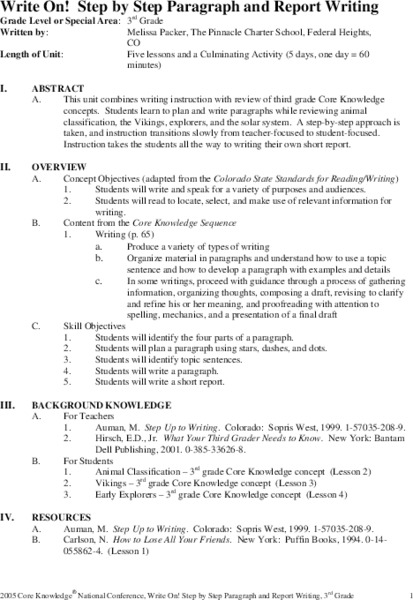 Write On! Step by Step Paragraph and Report Writing Unit Plan