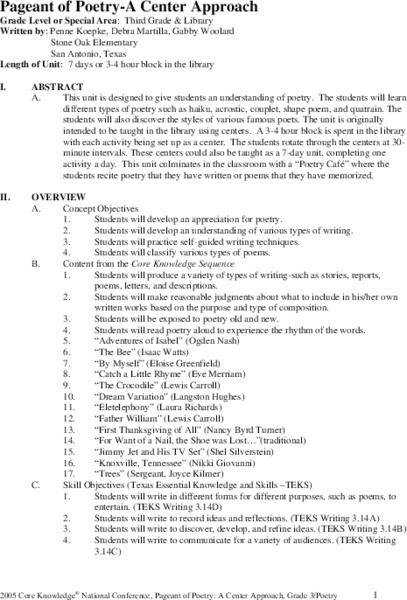 A Center Approach to Poetry Unit Plan