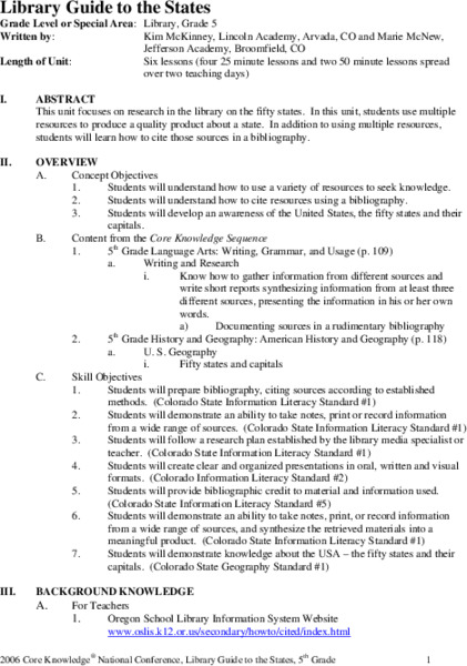 Library Guide to the States Unit Plan