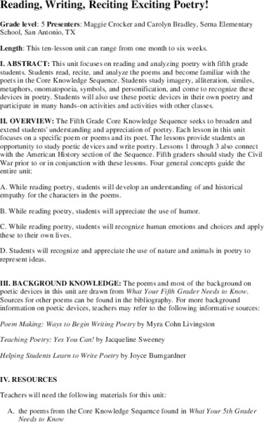 Reading, Writing, Reciting Exciting Poetry! Unit Plan