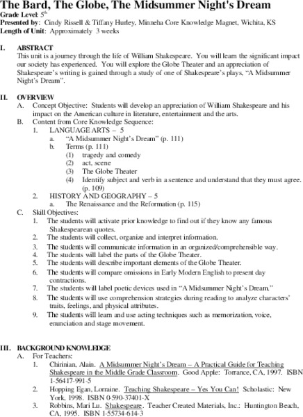 The Bard, the Globe, the Midsummer Night's Dream Unit Plan