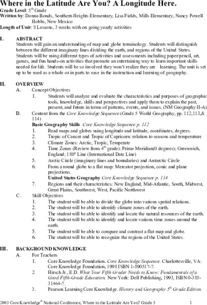 Where in the Latitude Are You? A Longitude Here. Unit Plan