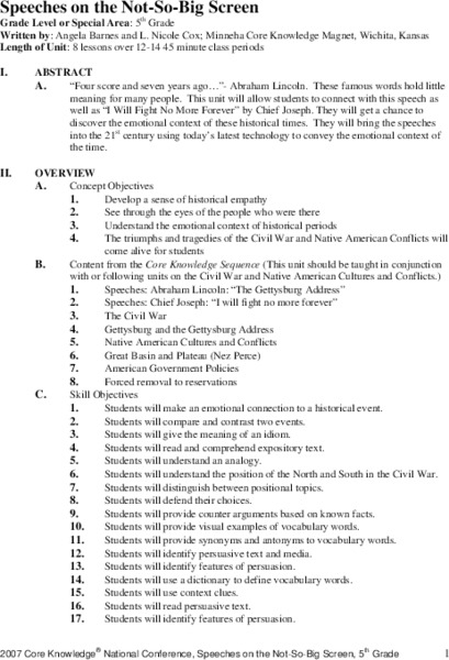 Speeches on the Not-So-Big Screen Unit Plan