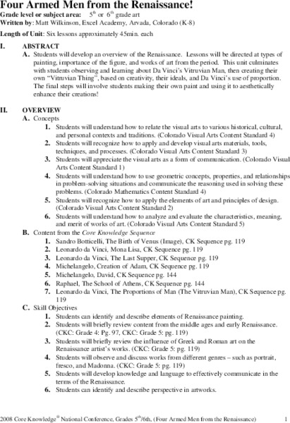 Four Armed Men From the Renaissance! Unit Plan