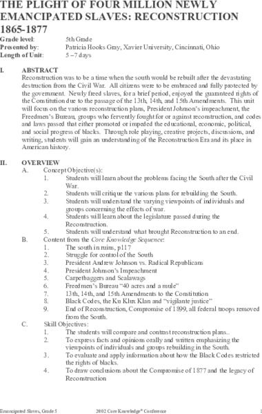 The Plight of Four Million Newly Emancipated Slaves: Reconstruction - 1865-1877 Unit Plan