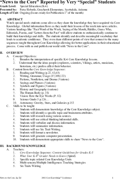 News to the Core Reported by Very Special Students Unit Plan