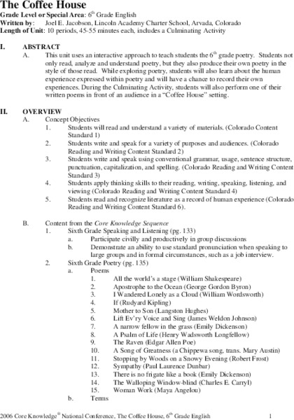 The Coffee House Unit Plan