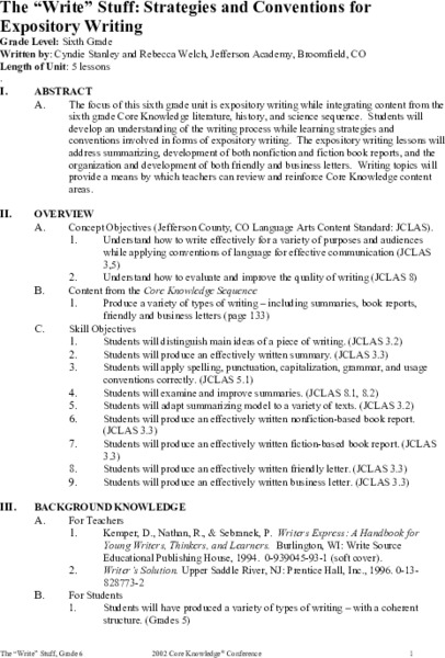The "Write" Stuff: Strategies and Conventions for Expository Writing Unit Plan