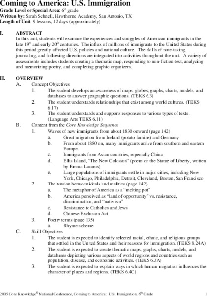 Coming to America: U.S. Immigration Unit Plan