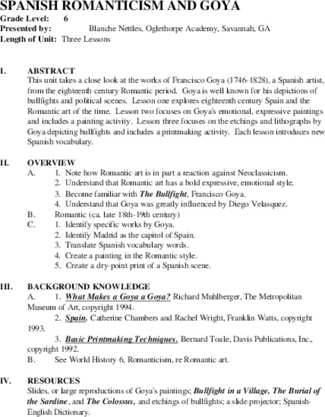 Spanish Romanticism and Goya Unit Plan