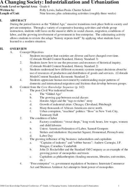 A Changing Society: Industrialization and Urbanization Unit Plan