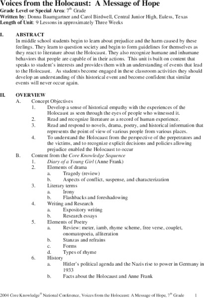 Voices from the Holocaust:  A Message of Hope Unit Plan