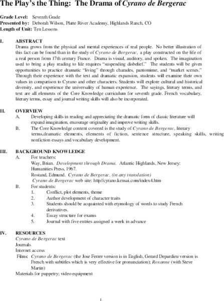 The Play's the Thing: The Drama of Cyrano de Bergerac Unit Plan