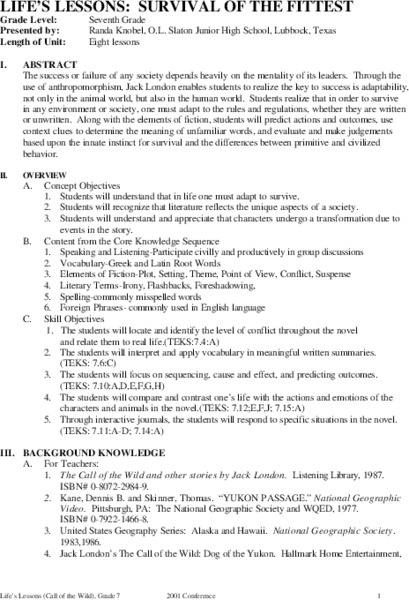 Life's Lessons: Survival of the Fittest Unit Plan