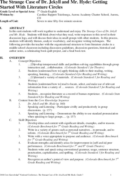 The Strange Case of Dr. Jekyll and Mr. Hyde: Getting Started with Literature Circles Unit Plan