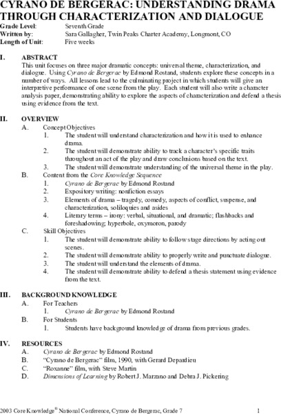 Cyrano De Bergerac: Understanding Drama Through Characterization and Dialogue Unit Plan