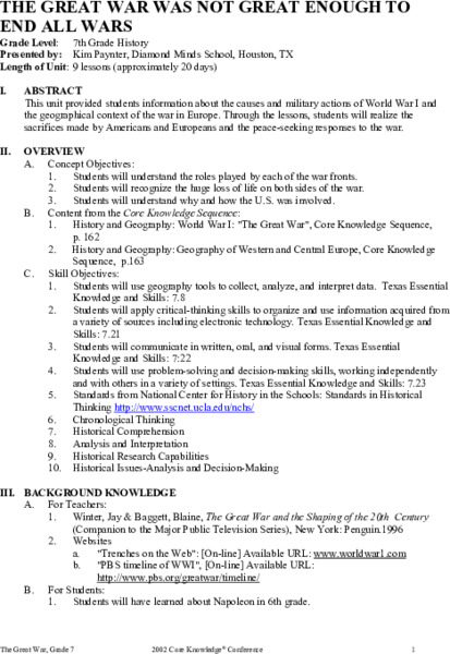 The Great War Was Not Great Enough To End All Wars Unit Plan