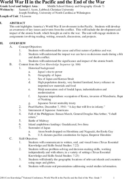 World War II in the Pacific and the End of the War Unit Plan