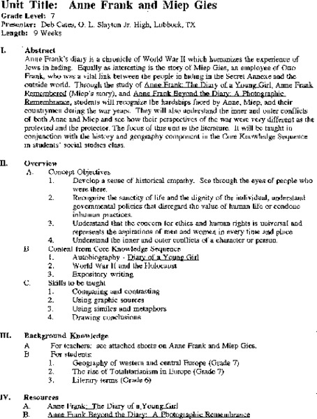 Anne Frank and Miep Gies Unit Plan