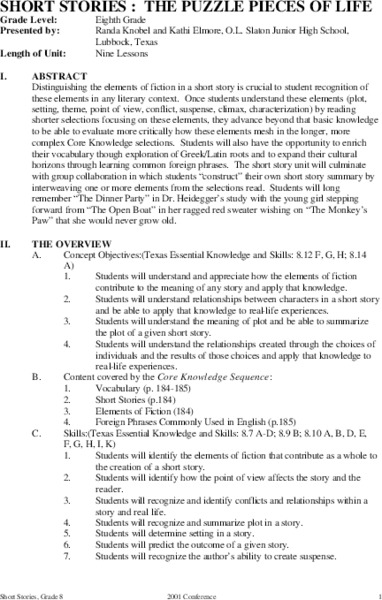 Short Stories: The Puzzle Pieces of Life Unit Plan