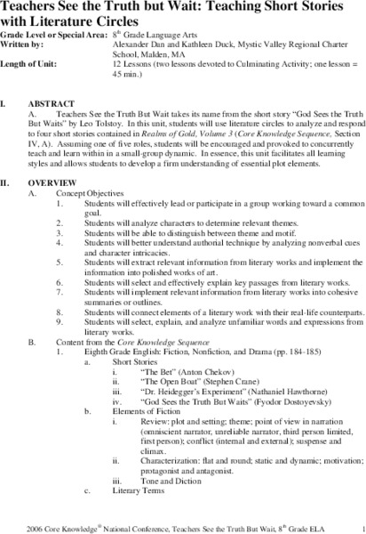 Teachers See the Truth but Wait: Teaching Short Stories with Literature Circles Unit Plan