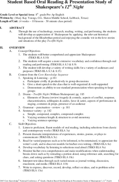 Student Based Oral Reading & Presentation Study of Shakespeare's 12th Night Unit Plan