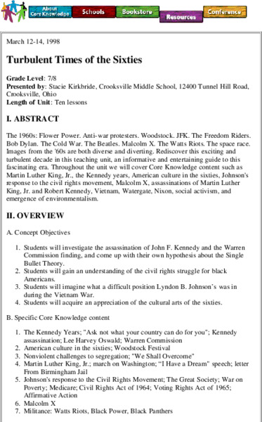 Turbulent Times of the Sixties Unit Plan