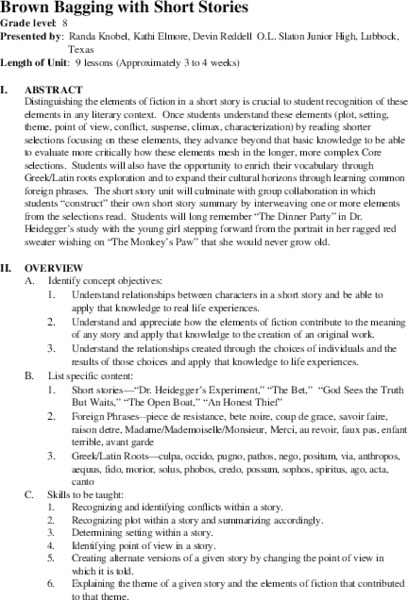 Brown Bagging with Short Stories Unit Plan