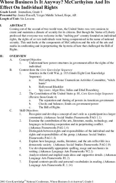 Whose Business Is It Anyway? McCarthyism and Its Effect on Individual Rights Unit Plan