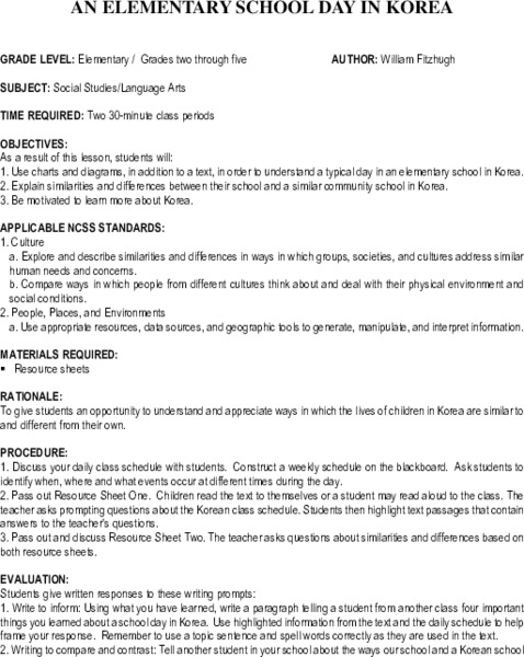 An Elementary School Day in Korea Unit Plan