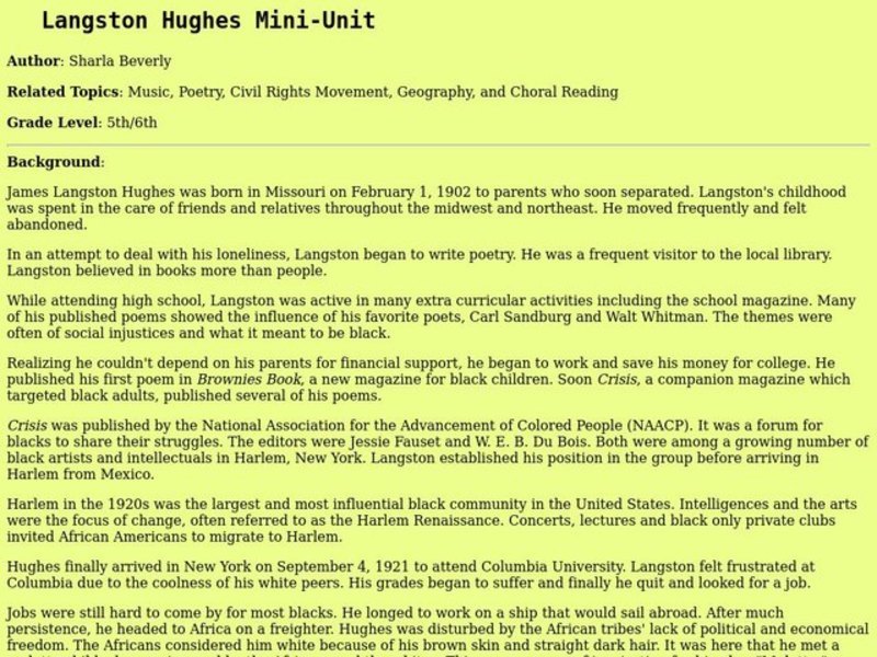 Langston Hughes Lesson Plan