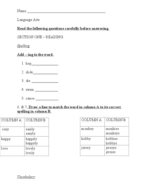 Language Arts Worksheet Worksheet