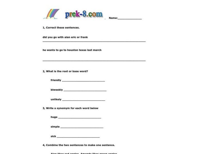 Language Arts Review Worksheet