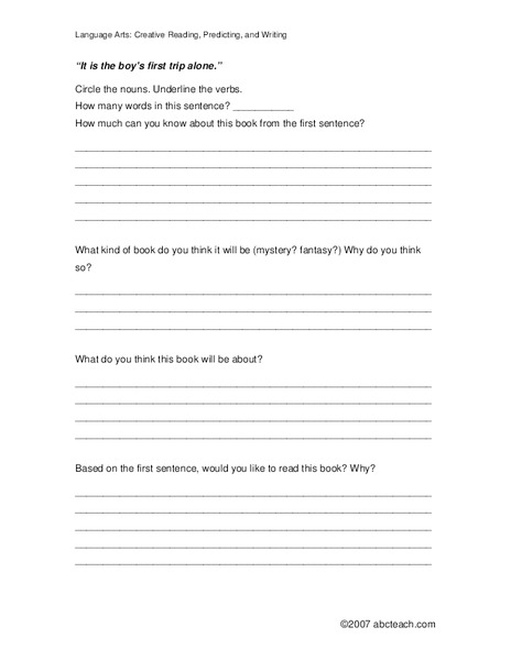 Language Arts:  Creative Reading, Predicting and Writing Worksheet