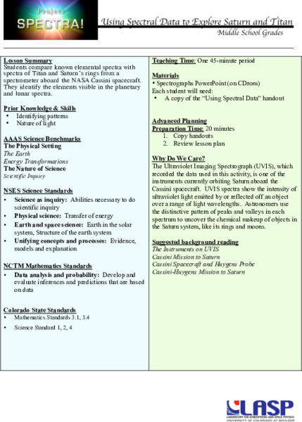 Using Spectral Data to Explore Saturn and Titan Lesson Plan