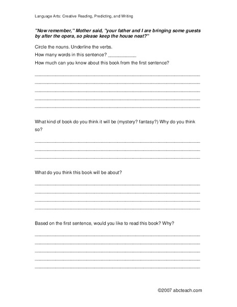 Language Arts:  Creative Reading, Predicting and Writing Worksheet