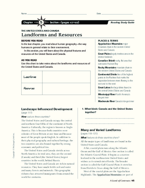 Landforms and Resources of the United States and Canada Organizer