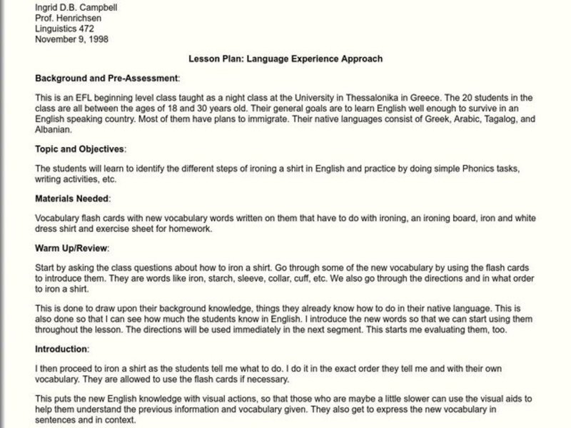 Language Experience Approach Activity